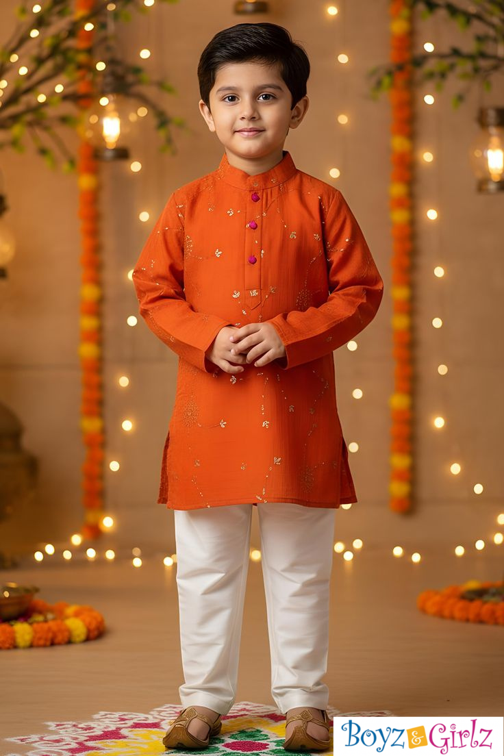 Boys Premium Rust Orange Kurta Pajama – Eid Festive Collection