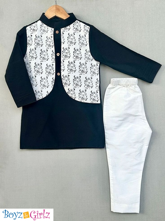 Boys Premium Eid Kurta Suit with Printed Waistcoat – 3 Piece Festive Set