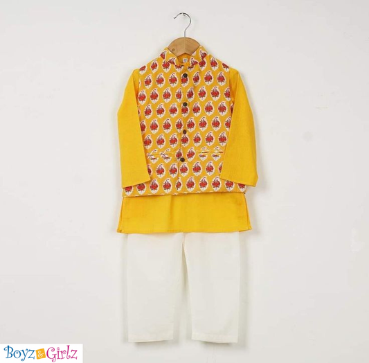 Boys Royal Mustard Eid Kurta Suit with Printed Waistcoat – 3 Piece Festive Set